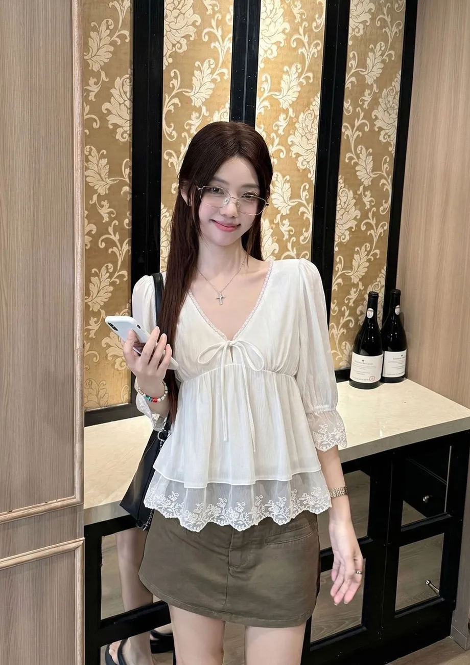 Buy White Lace Trim V-neck Peplum Blouse for Women Online in India