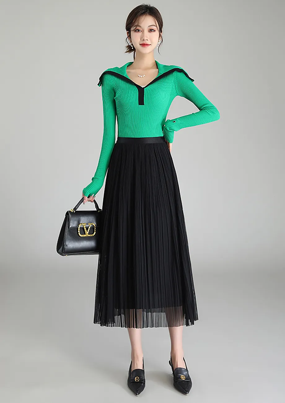 BLACK MIDI PLEATED SWING SKIRT