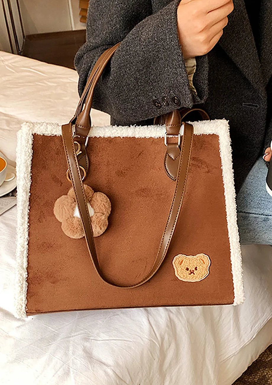 BROWN DOUBLE-HANDLE SOFT FUR EDGING HANDBAG