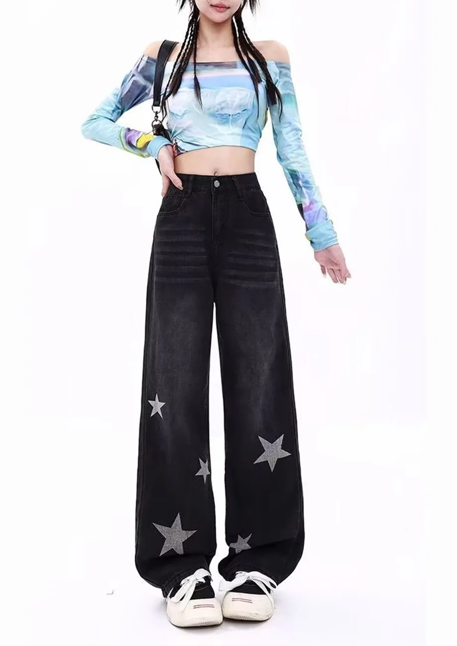 Contrast Print Wide Leg Jeans