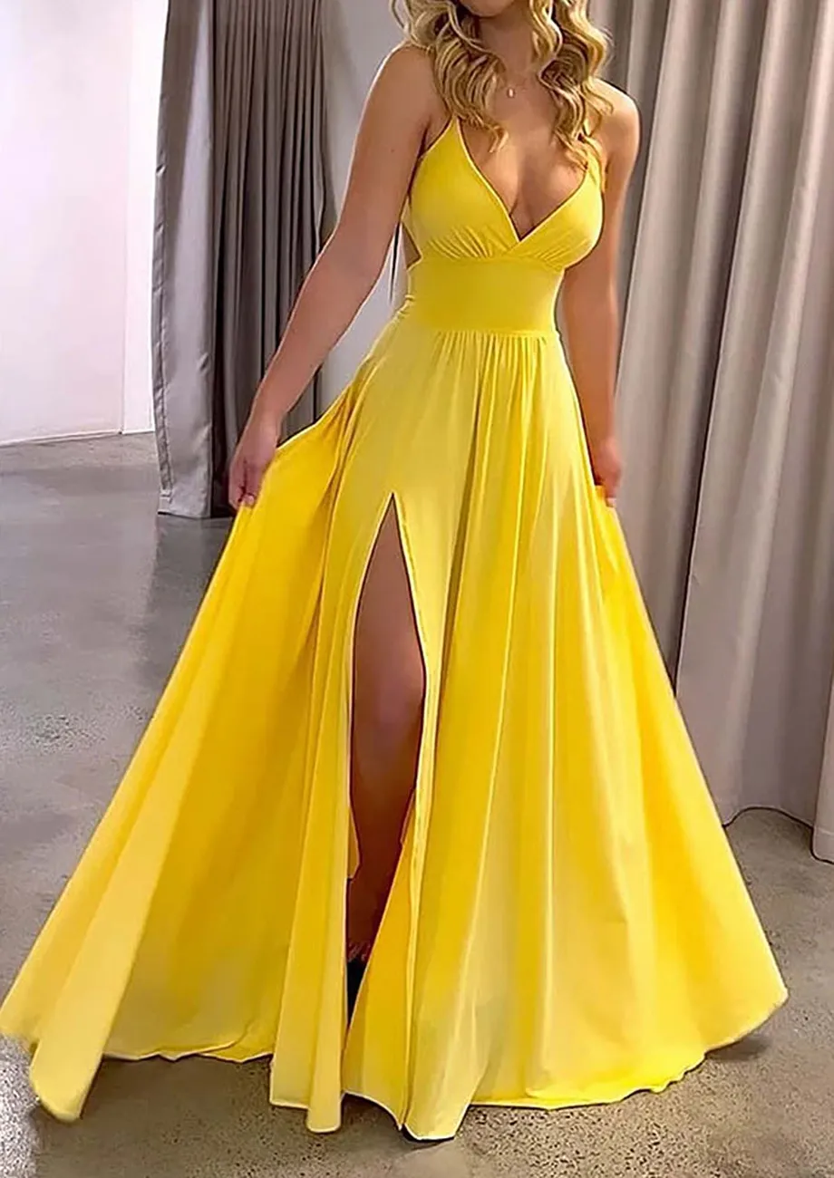 Tie-up Backless Yellow Panelled Dress