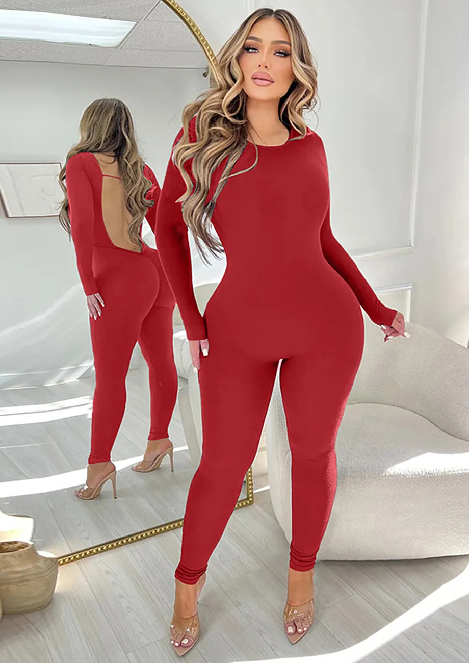 Red V-cut Open-back Jumpsuit