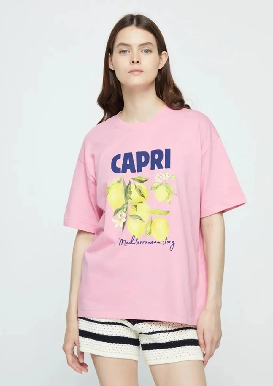 Pink Drop-shoulder Graphic Print T-shirt