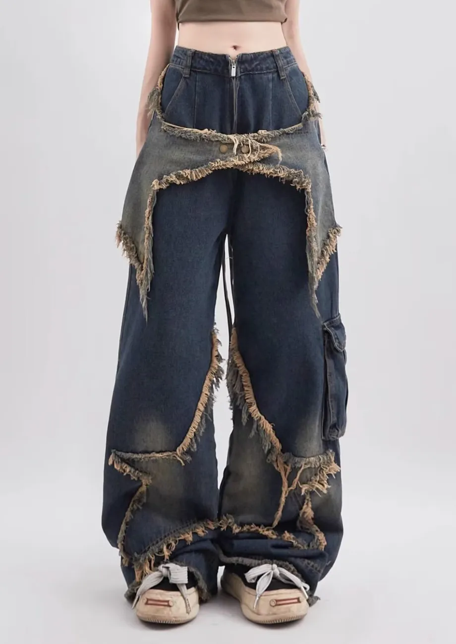 Blue Frayed-trim Wide Leg Jeans