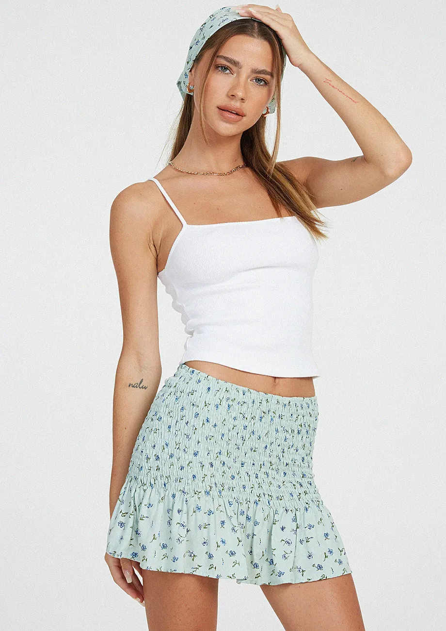 Light Blue Floral Motif Smock Skirt