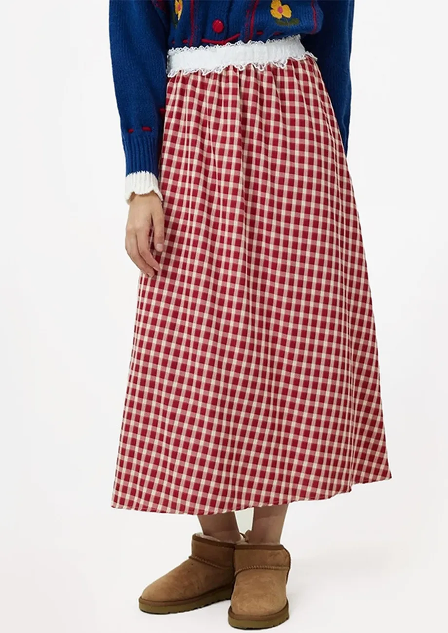 Check Pattern Red Midi Skirt