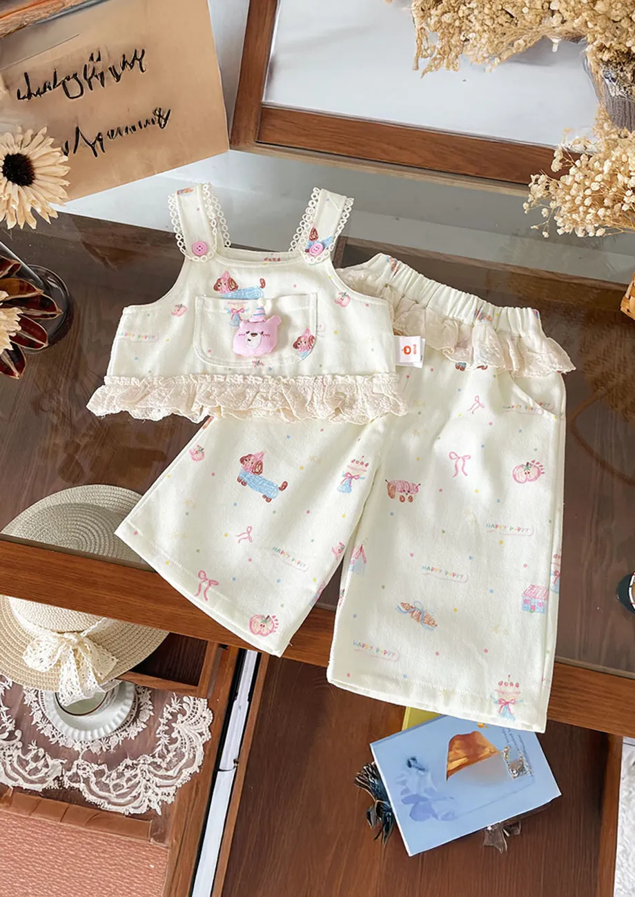 Beige Floral 2pc Girls Top & Pants