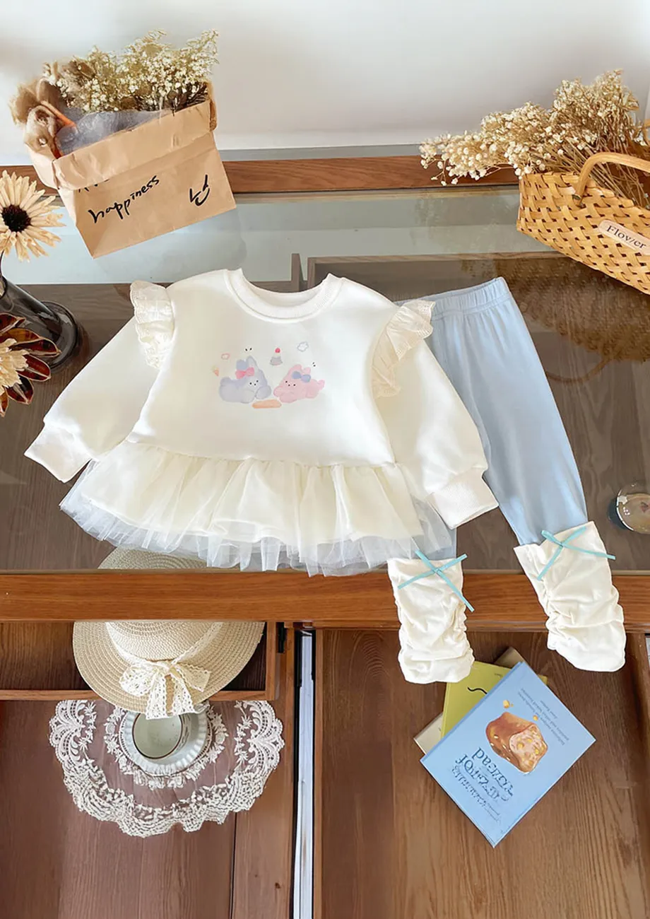 Beige 2pc Girls Ruffle Sweatshirt & Pants