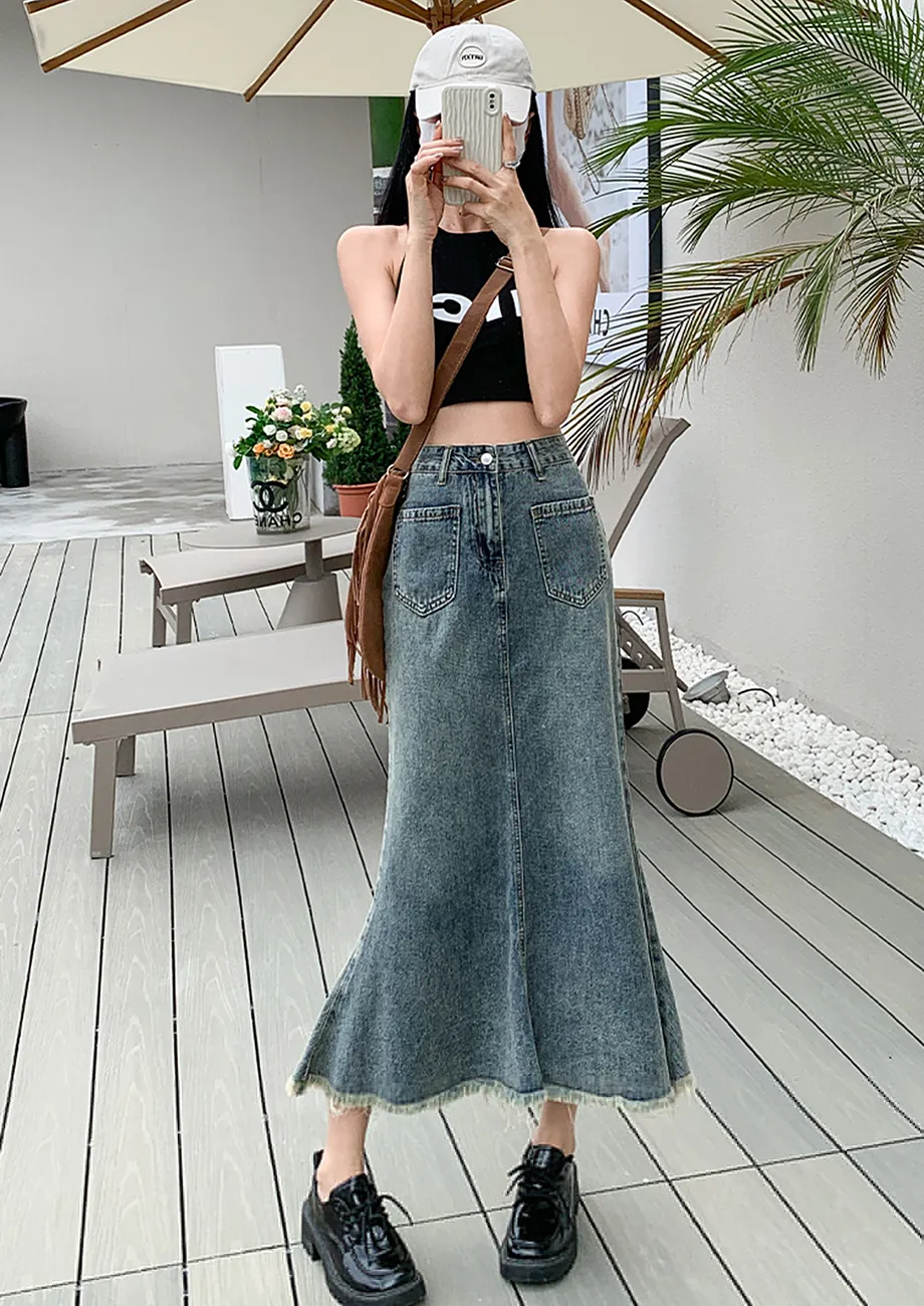 Buy TASSEL TRIM MIDI MERMAID DENIM SKIRT for Women Online in India