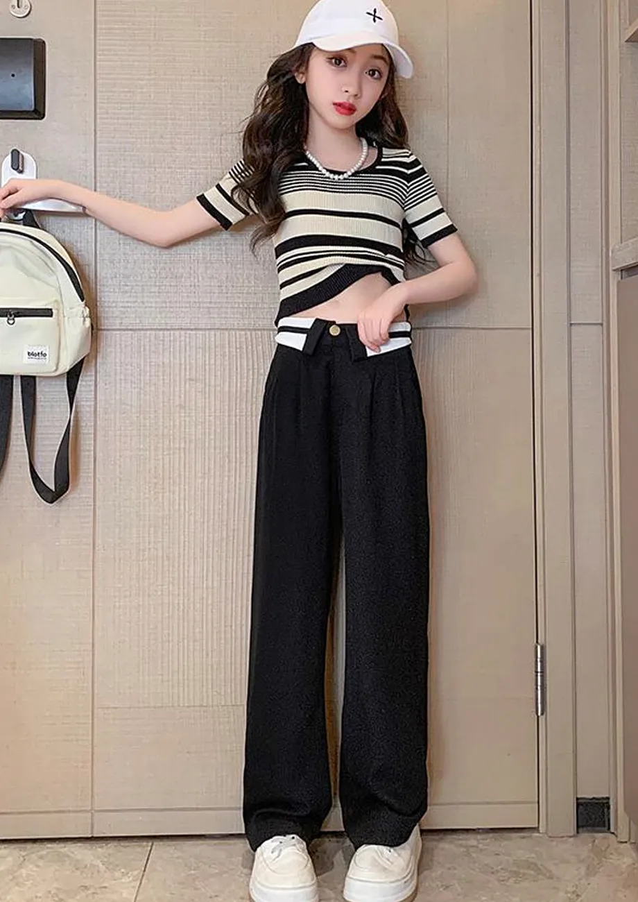 Girls Black Striped Crop Co-ord Set