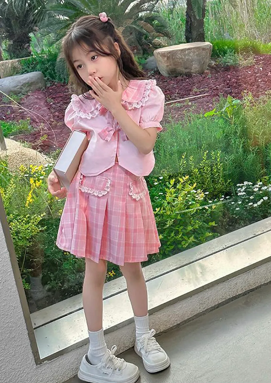 Girls Pink Plaid Puff-sleeve Co-ord Set