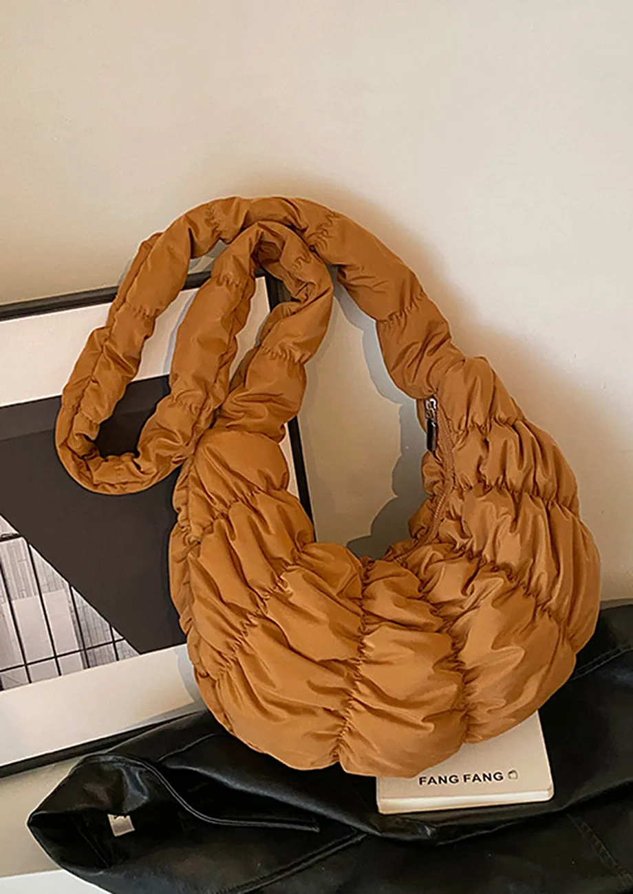 BROWN RUCHED GEOMETRIC PUFFER BAG