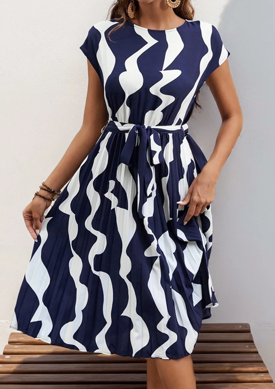 Pleated Abstract Pattern Tie-up Waist Dress