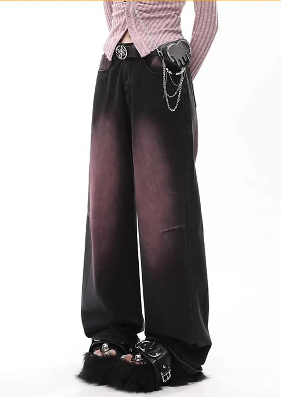 Retro Gradient Black Loose Straight Jeans