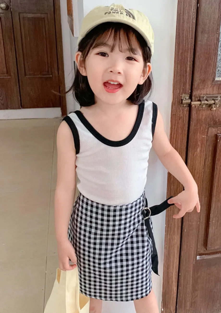 Girls 2pc White Tank Top W/ Checked Skirt