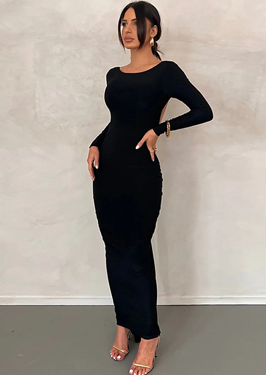 Buy Backless Draped Slim Fit Long Black Dress for Women Online in India