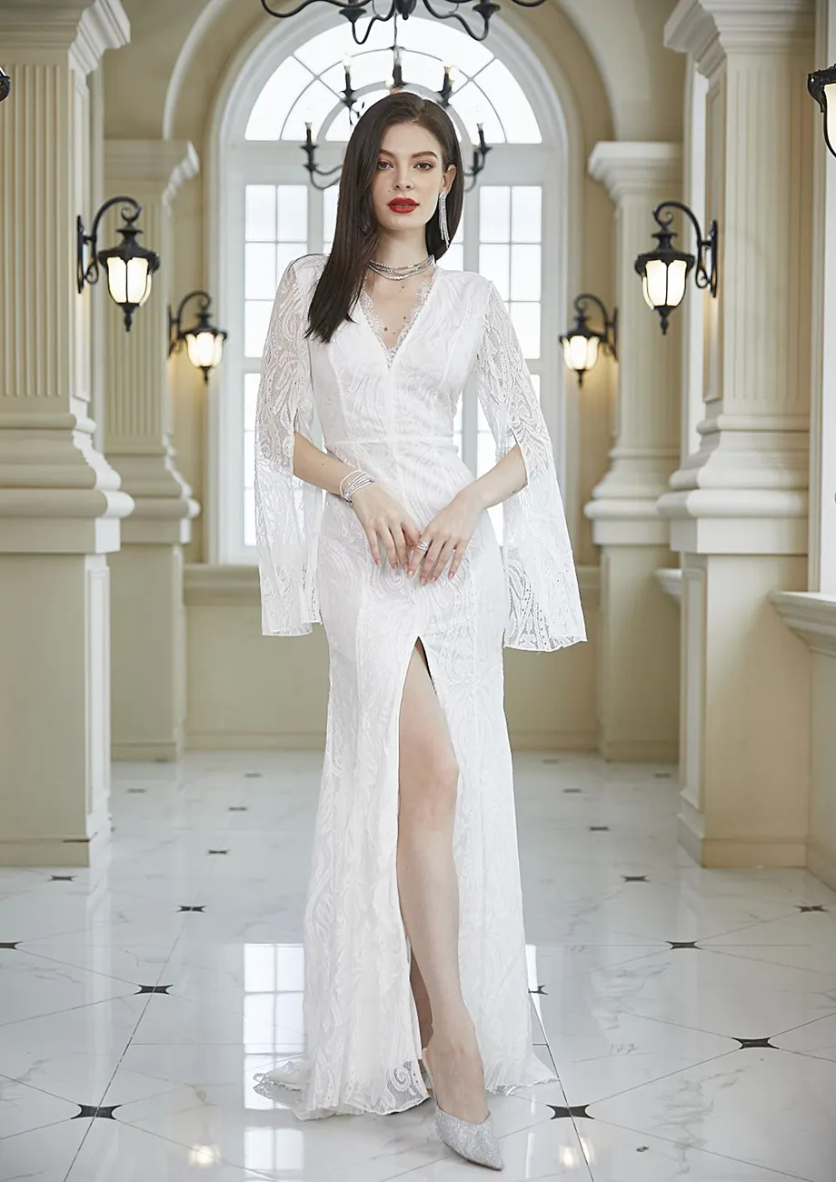 Buy SLIT SLEEVE LACY FISHTAIL WHITE MAXI DRESS for Women Online in India