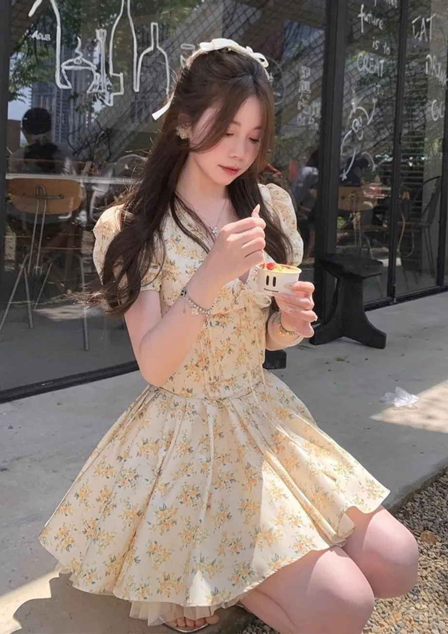 Yellow Floral Print Bow-detail Mini Dress