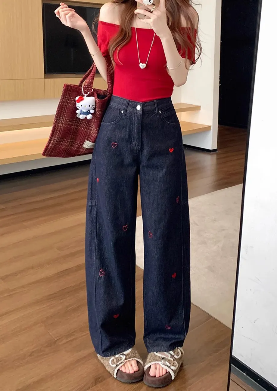 Wide-Fit Blue Heart Embroidered Jeans