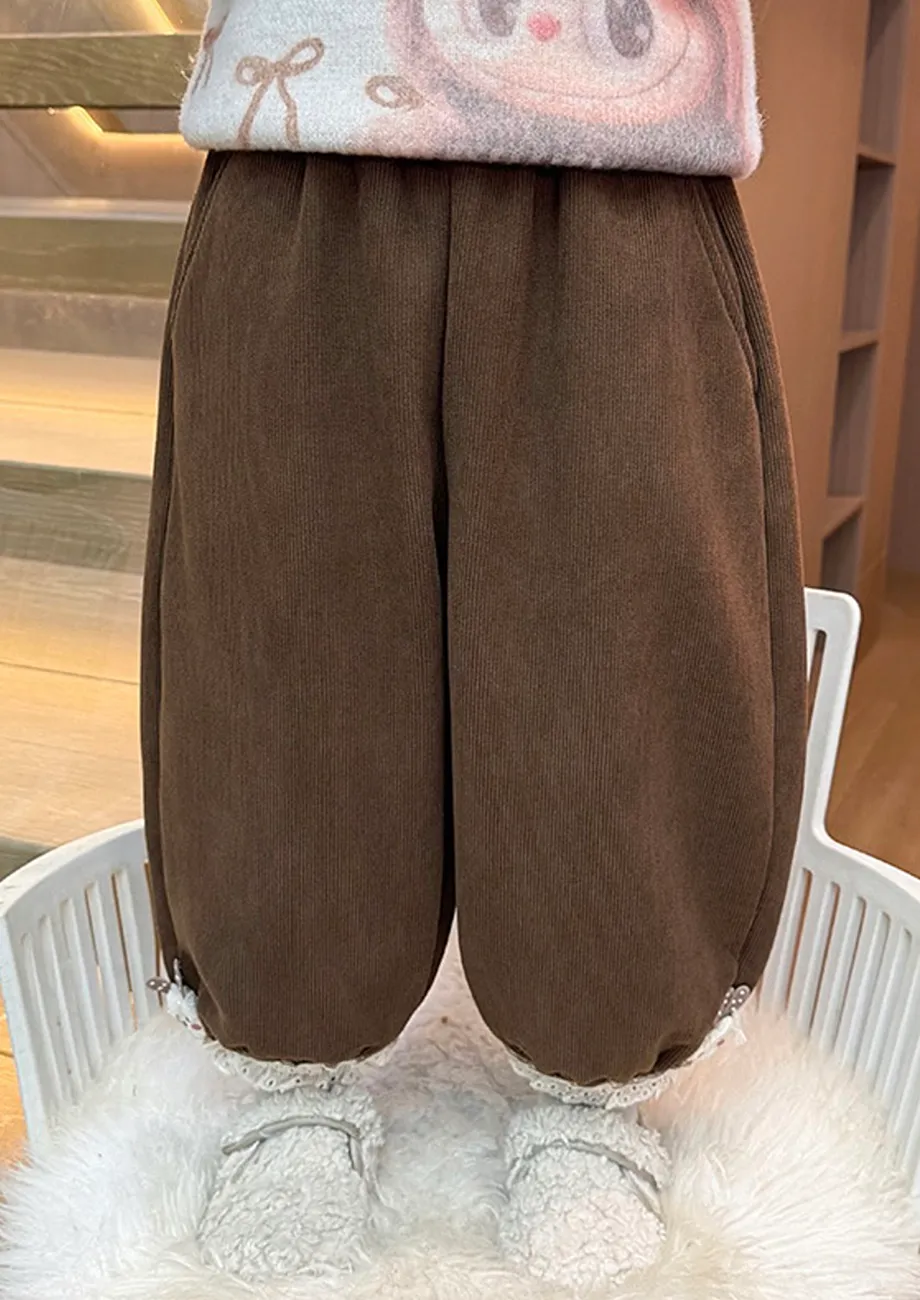 Brown Lace Trim Girls Jogger Pants