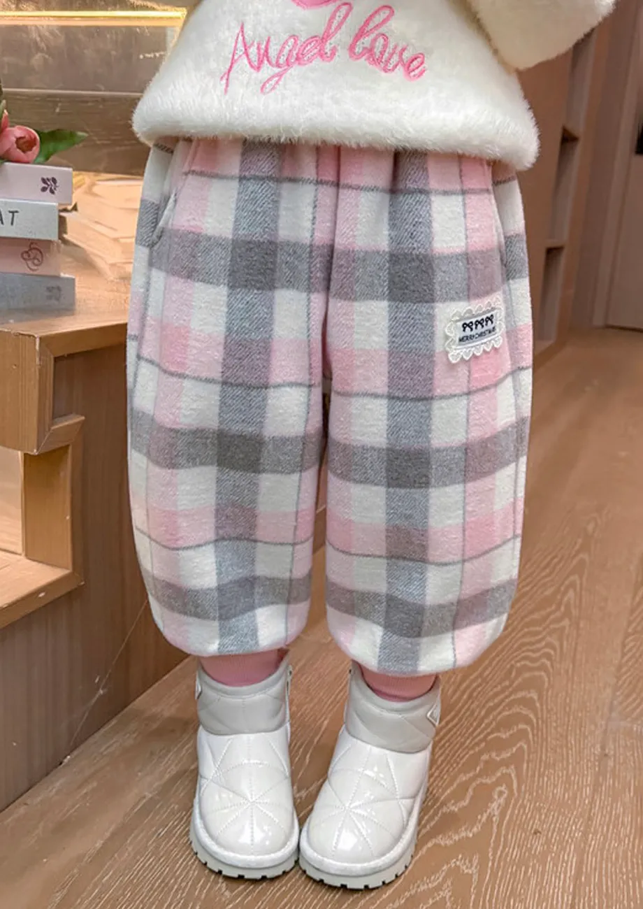 Pink Plaid Checked Girls Joggers Pants