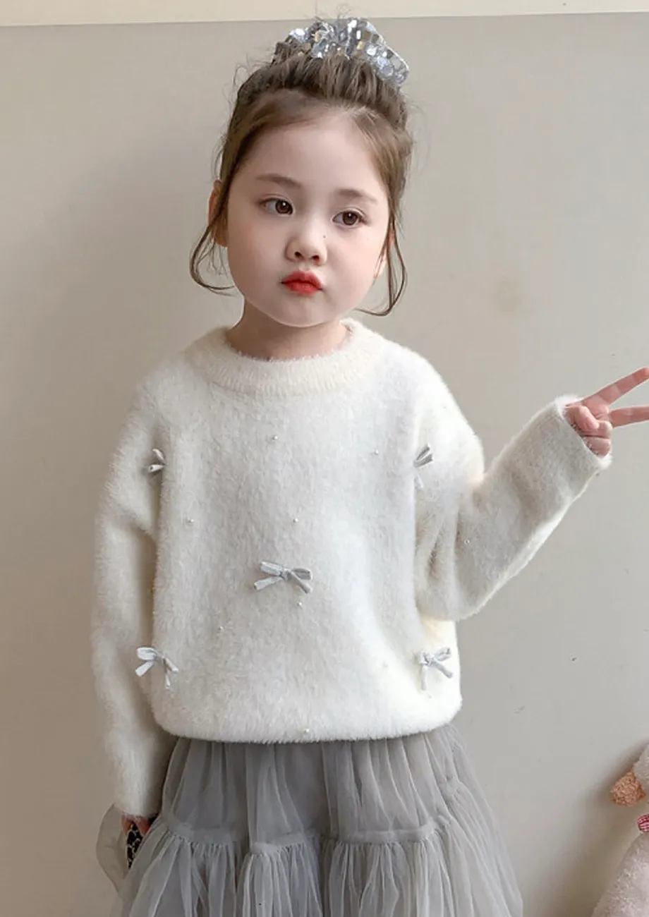 White Girls Bow Accent Round Neck Sweater