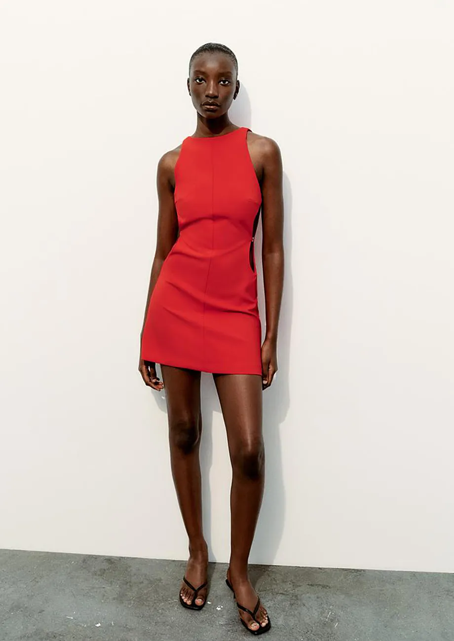 Red Boat Neck Mini Sheath Dress