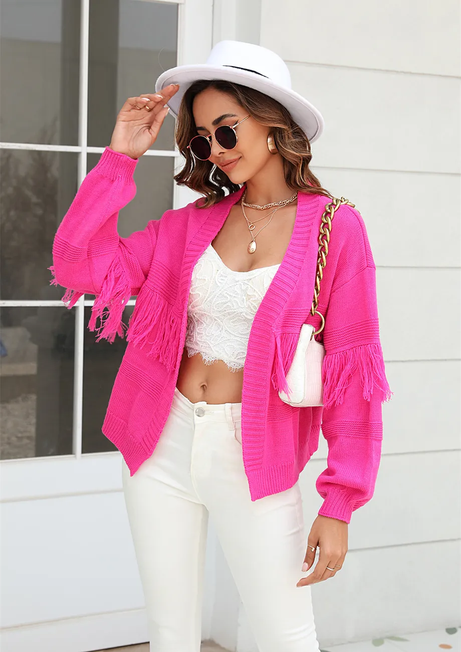 Buy TASSEL TRIM KNITTED PINK CARDIGAN for Women Online in India