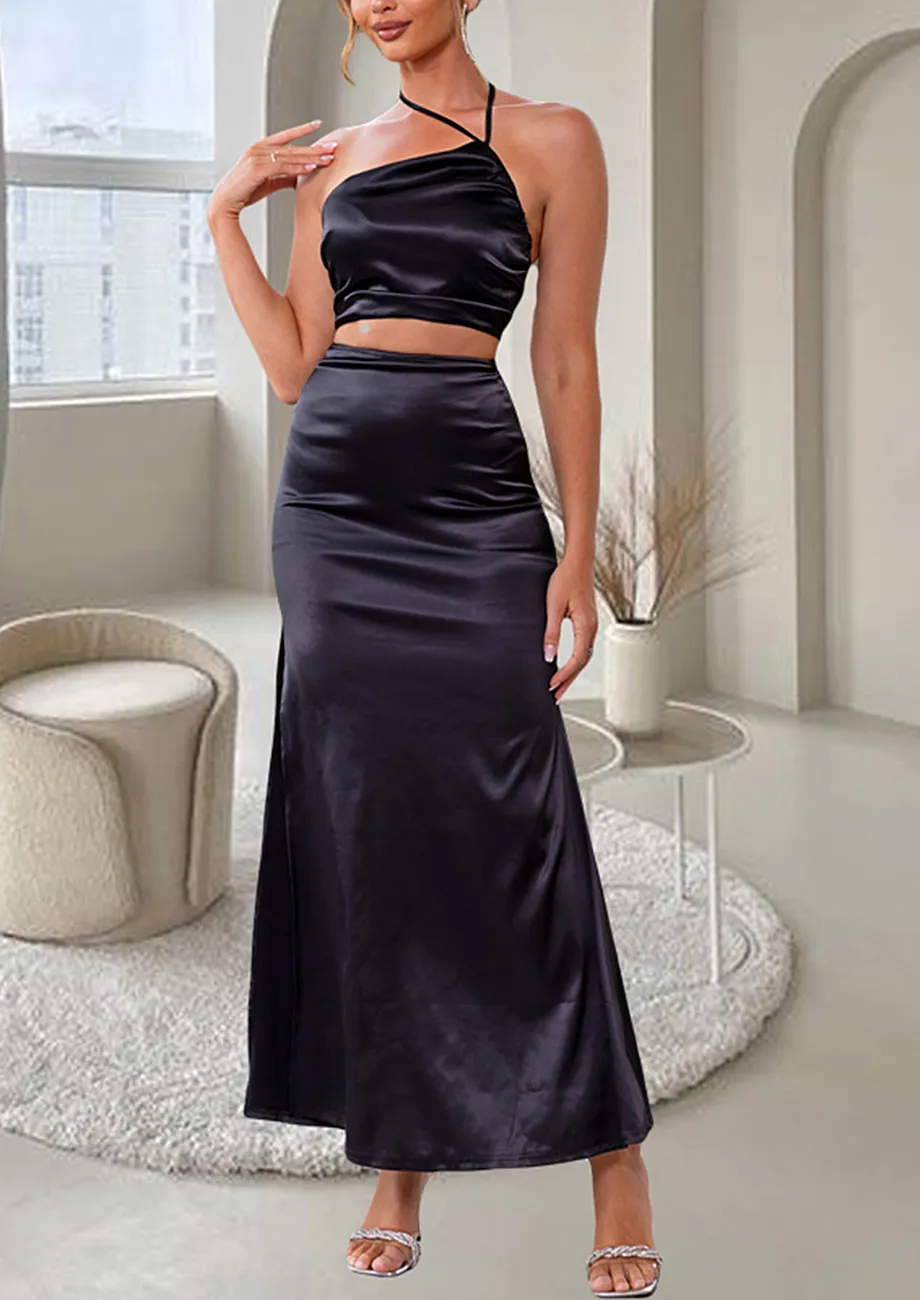 Black satin fishtail skirt hotsell