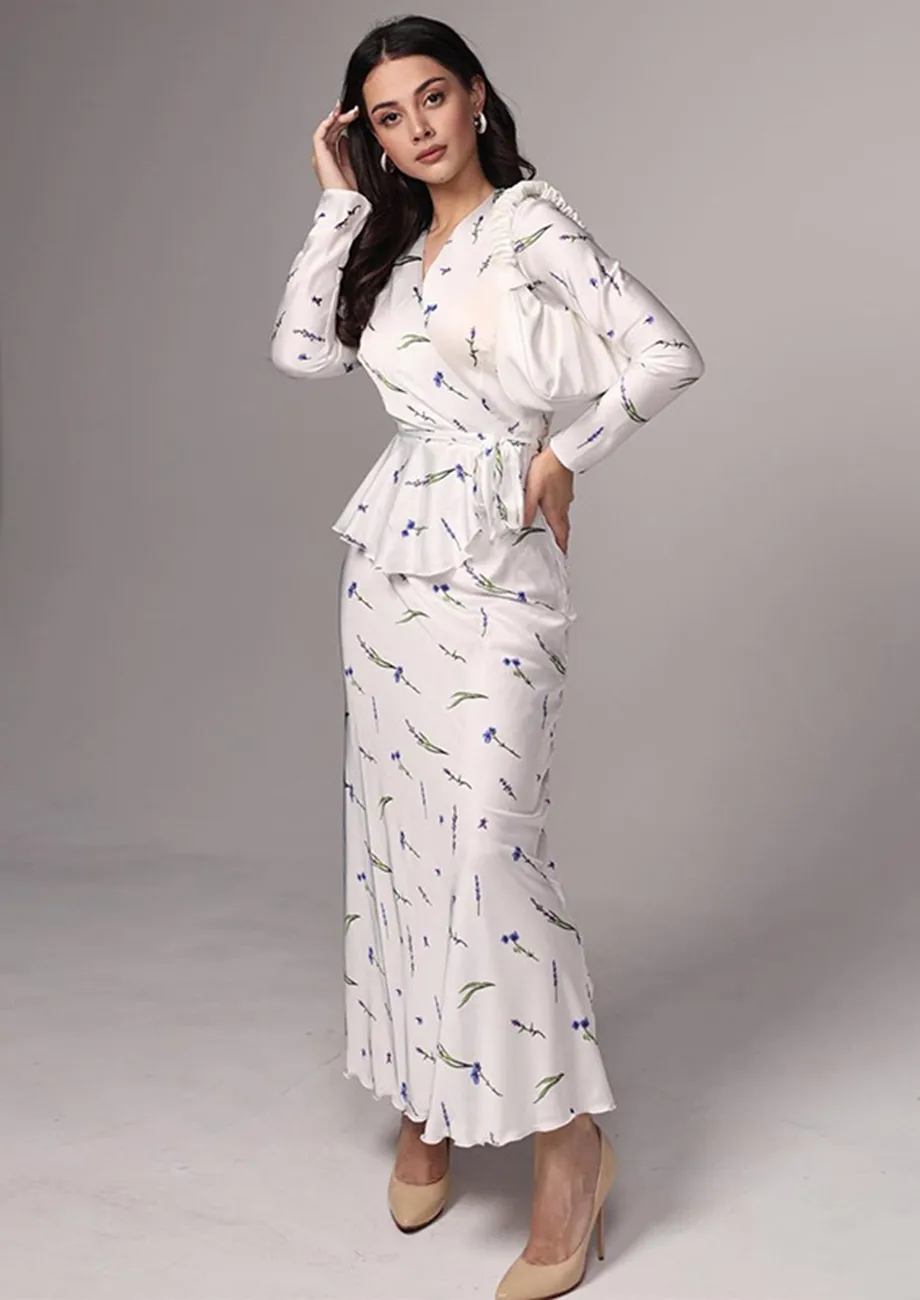 White Motif Print Tie-waist Dress