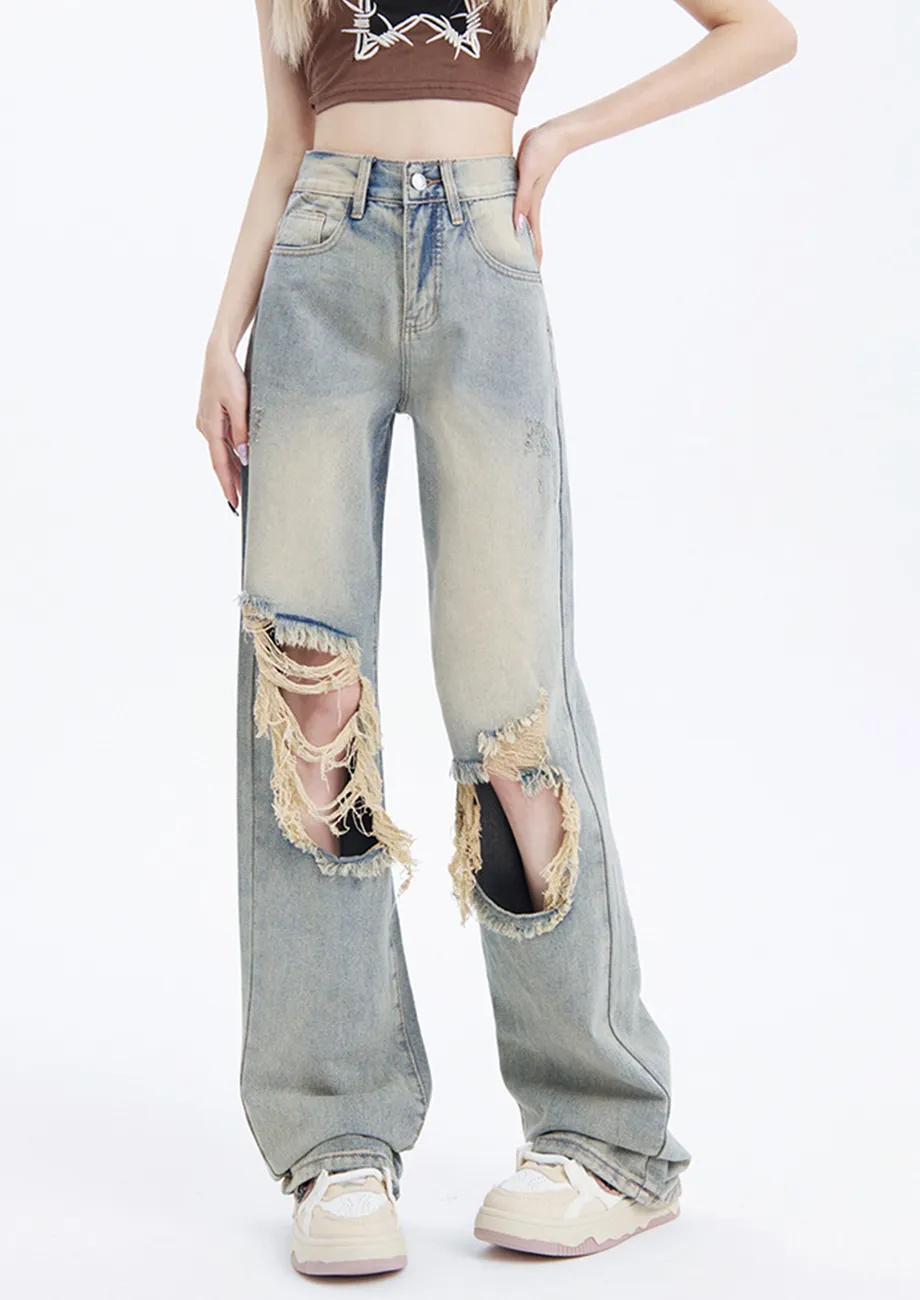 Blue Distressed & Ripped Detail Straight Jeans