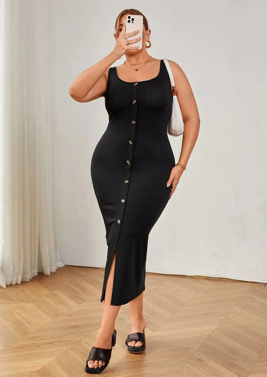 Buy Black Ribbed Plus Size Bodycon Dress for Women Online in India