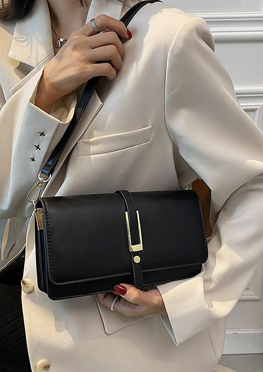 RECTANGULAR FLAP FRONT BLACK CROSSBODY BAG