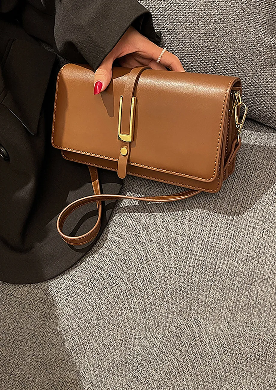 RECTANGULAR FLAP FRONT BROWN CROSSBODY BAG