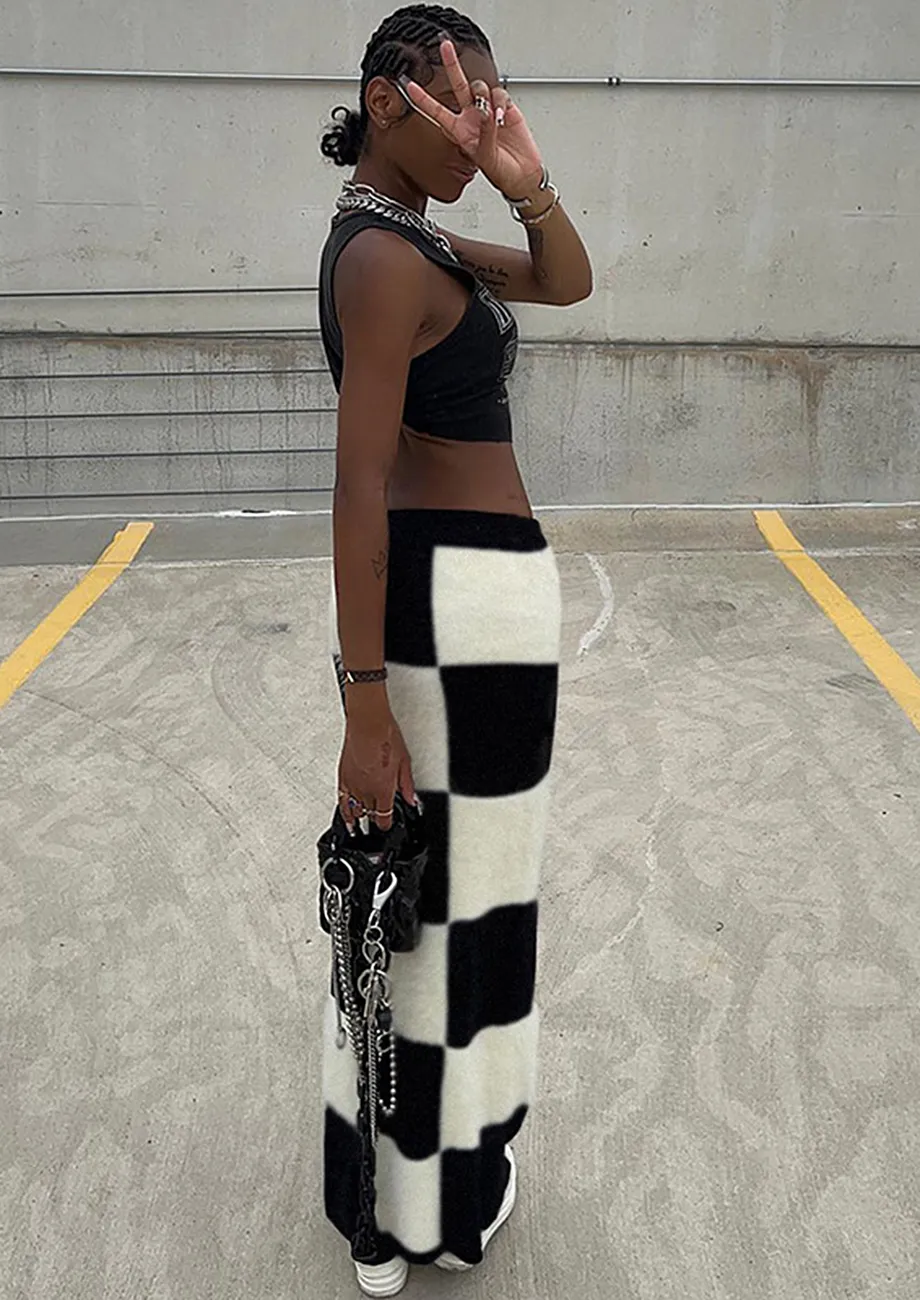 Buy Knitted Checkered Black Long Slit Skirt for Women Online in India