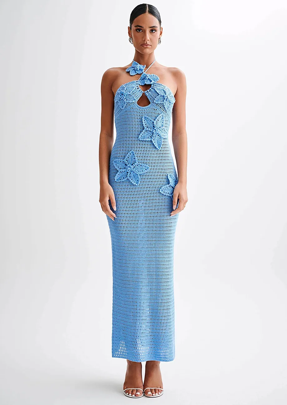 Tie-up Blue Long Crochet Halter Dress