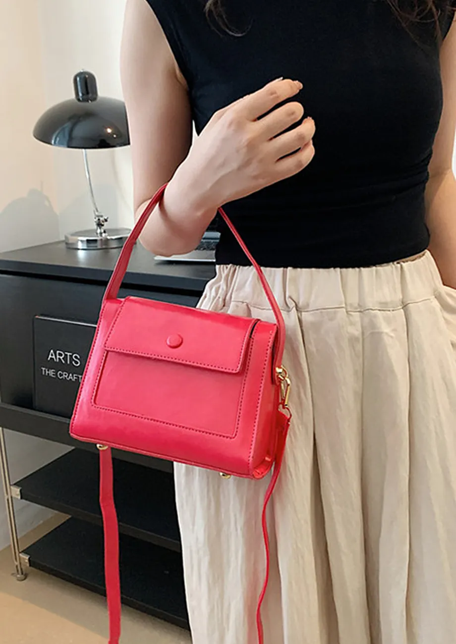 ROSE RED PU LEATHER FLAP-FRONT SLING BAG