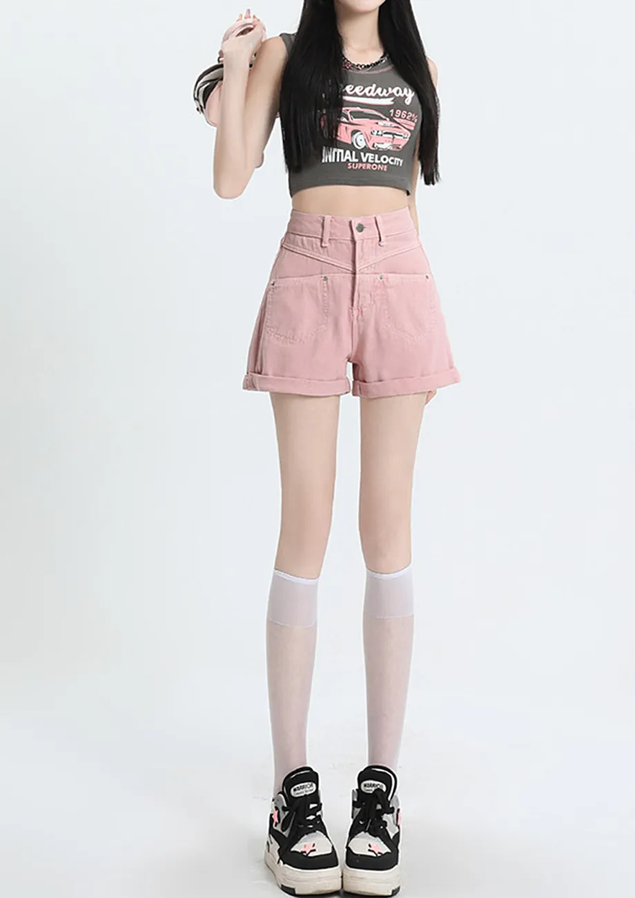 High-rise Pink Wide Denim Short