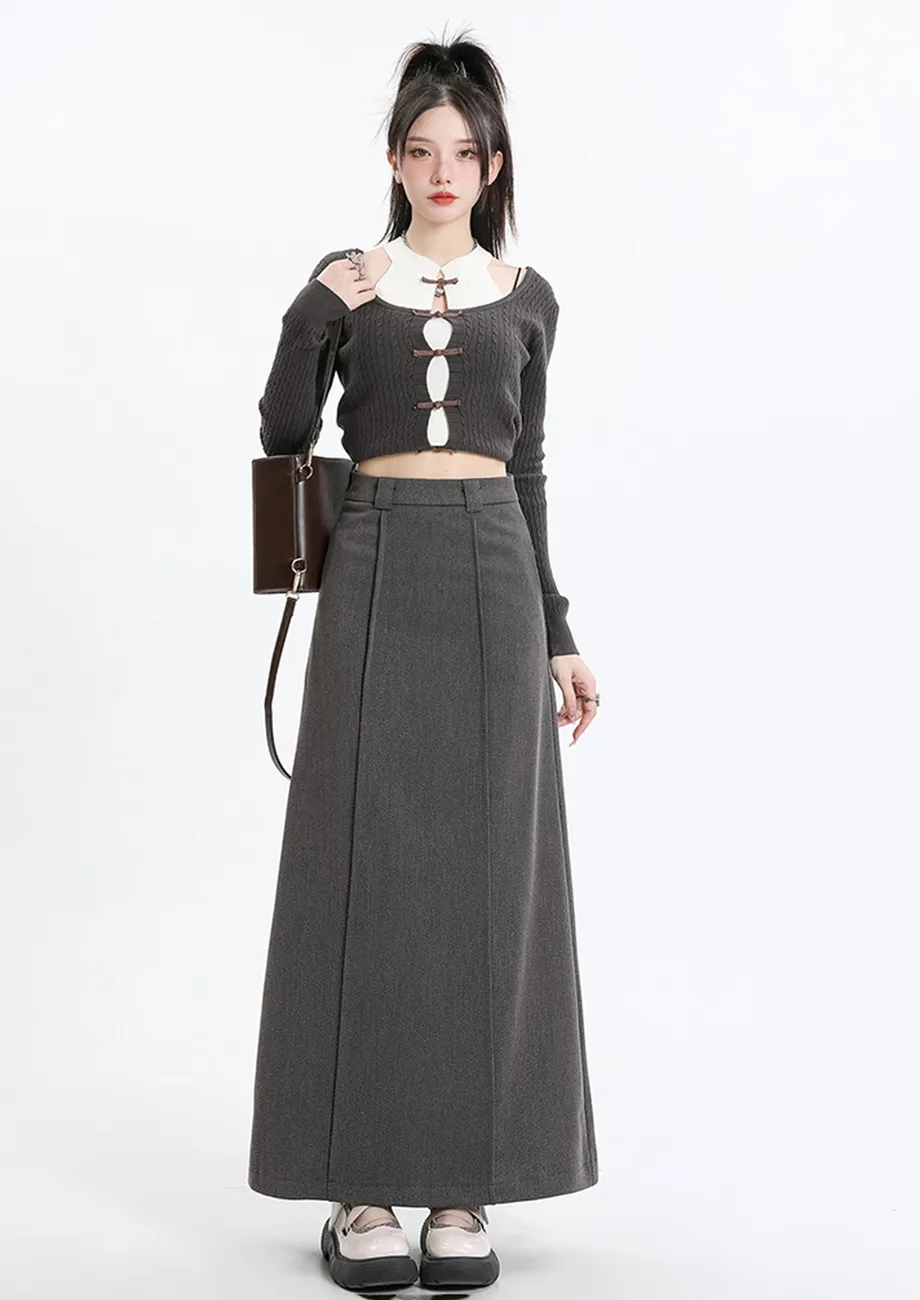 Grey Vertical-seam High-waisted Skirt