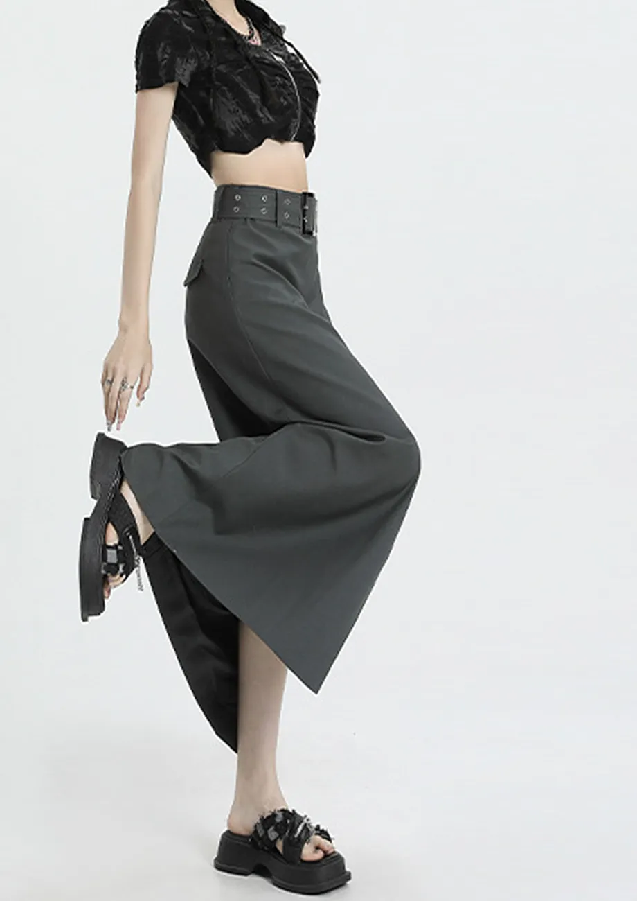 Grey A-line Maxi Skirt W/ Rivet Belt