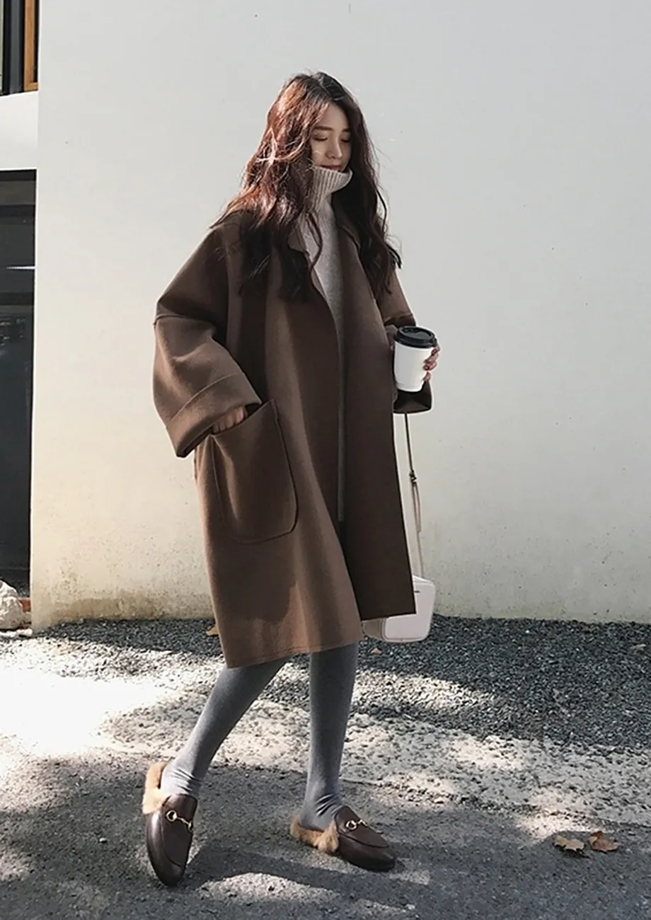 OPEN-FRONT LOOSE BROWN LAPEL COAT