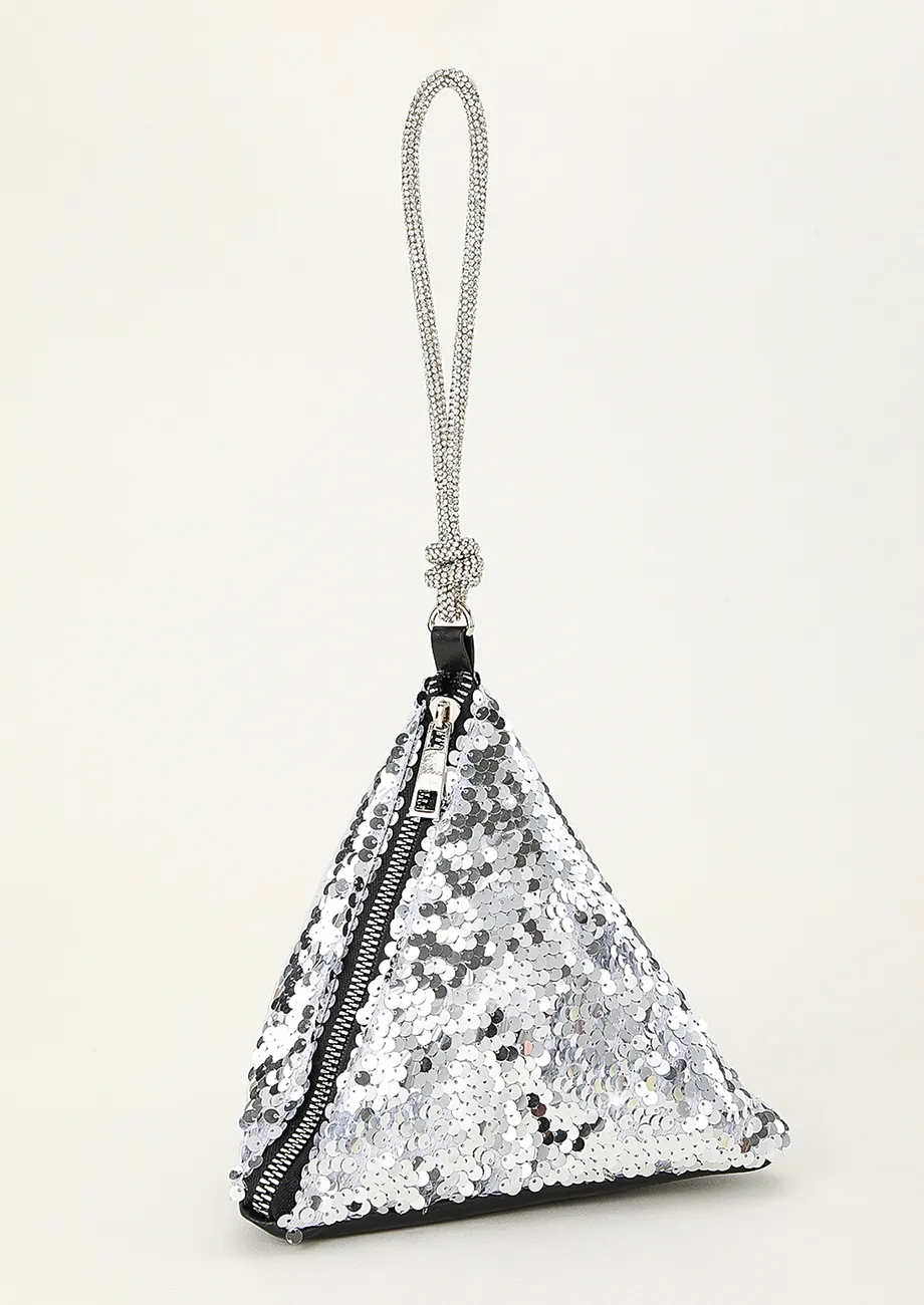 SILVER SEQUINS 3D TRIANGLE SHAPED CLUTCH