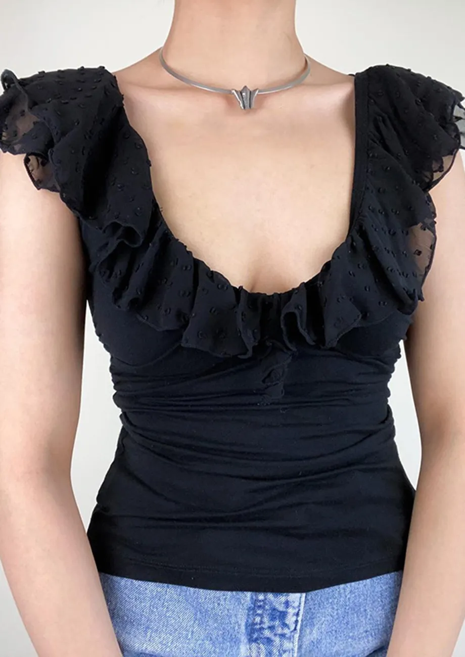 Black Fitted Swiss Dot Flounce Trim Top
