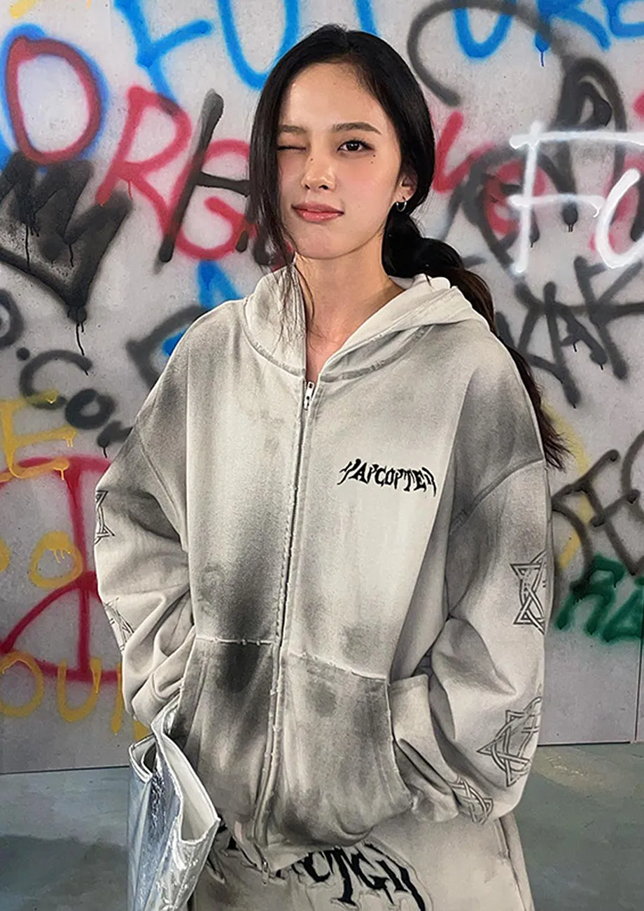 Buy PRINTED GREY OVERSIZED ZIPPER HOODIE for Women Online in India