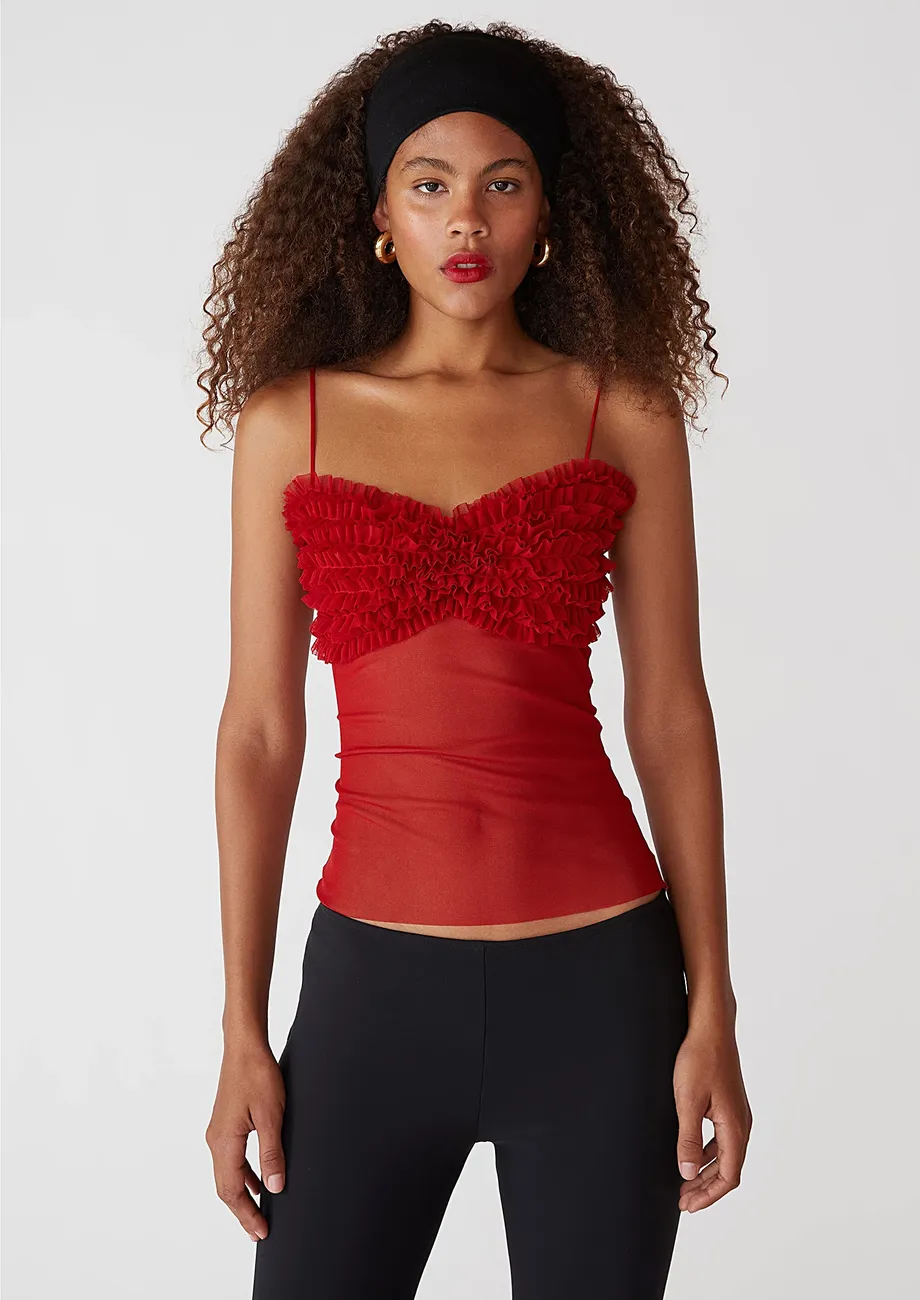 Red Ruffle-trimmed Semi Sheer Cami