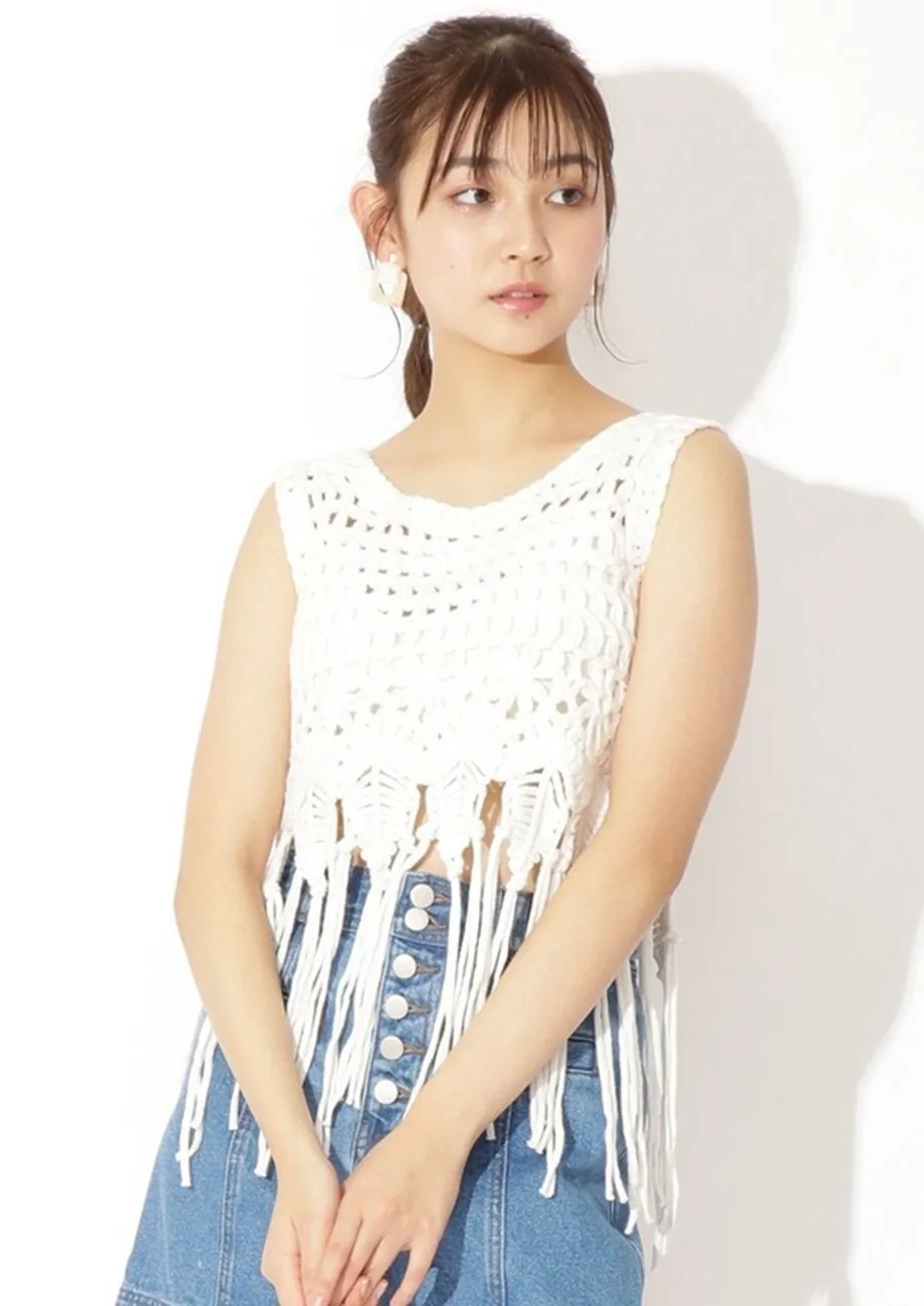 White Free Size Fringe-hem Crochet Top