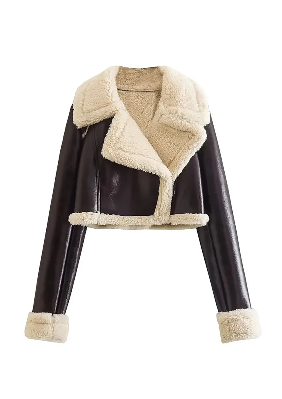 Buy BROWN FURRY LAPEL NECK PU LEATHER JACKET for Women Online in India