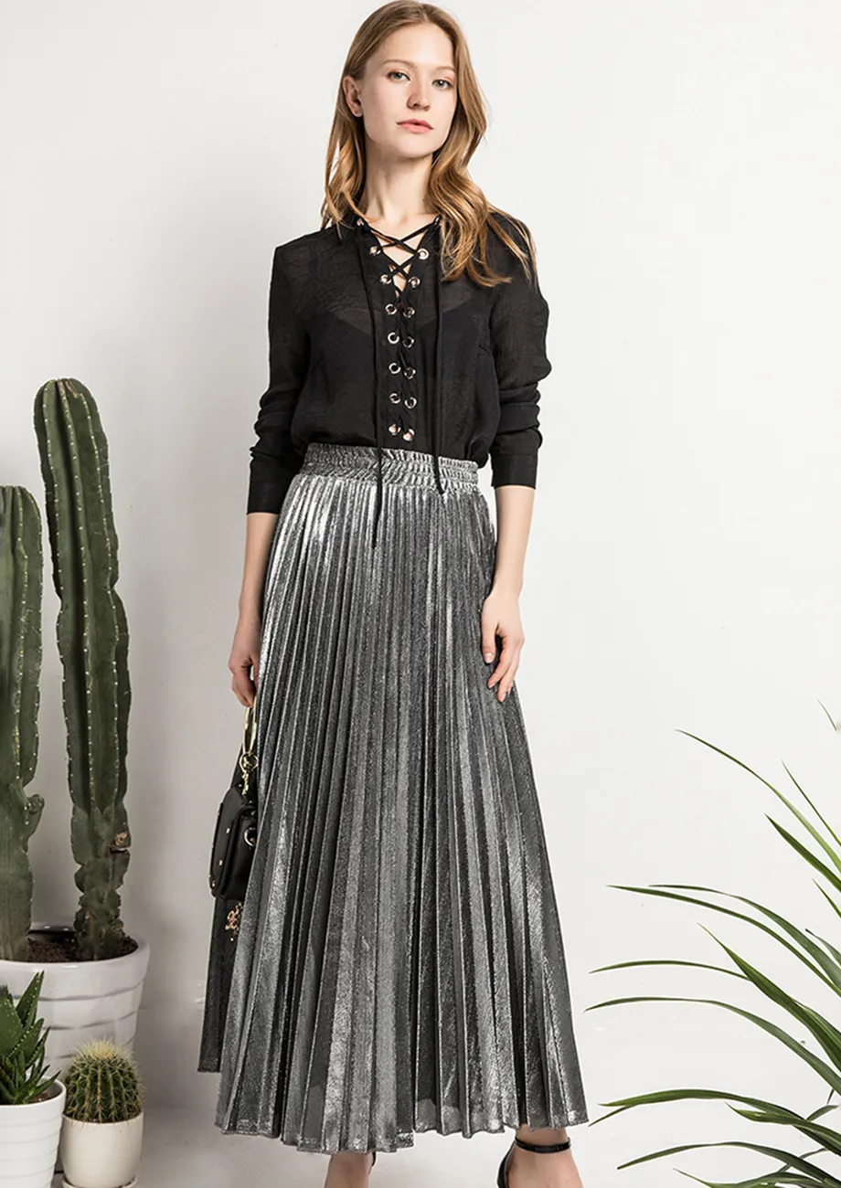 High-rise Pleated A-line Silver Skirt