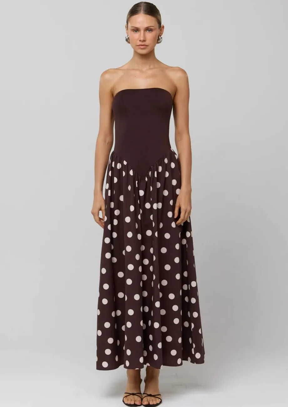 brown strapless polka dot dress Petal and Pup Women's Remmie Strapless Maxi Dress