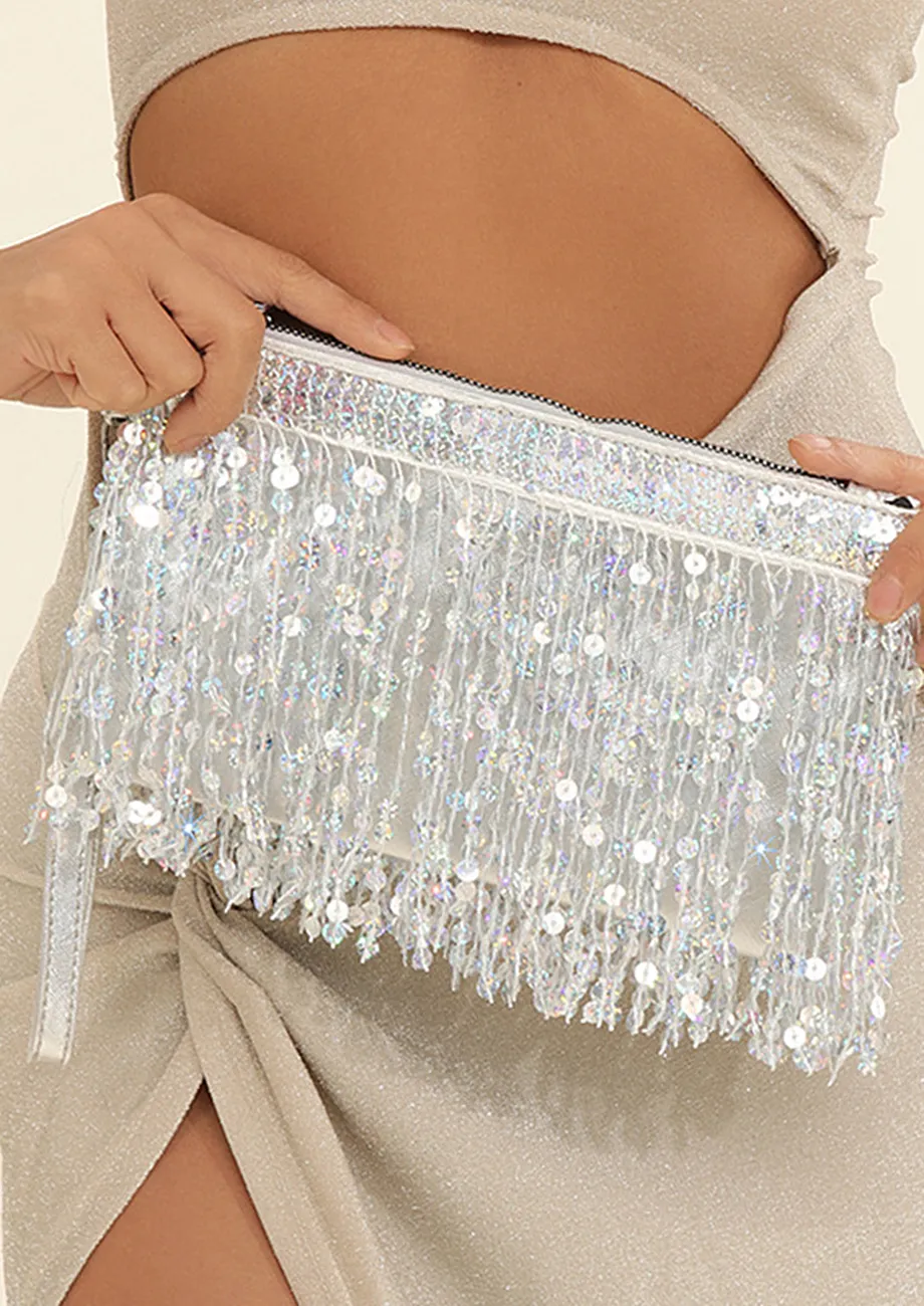 SILVER SEQUINS FRINGE-DETAIL CLUTCH